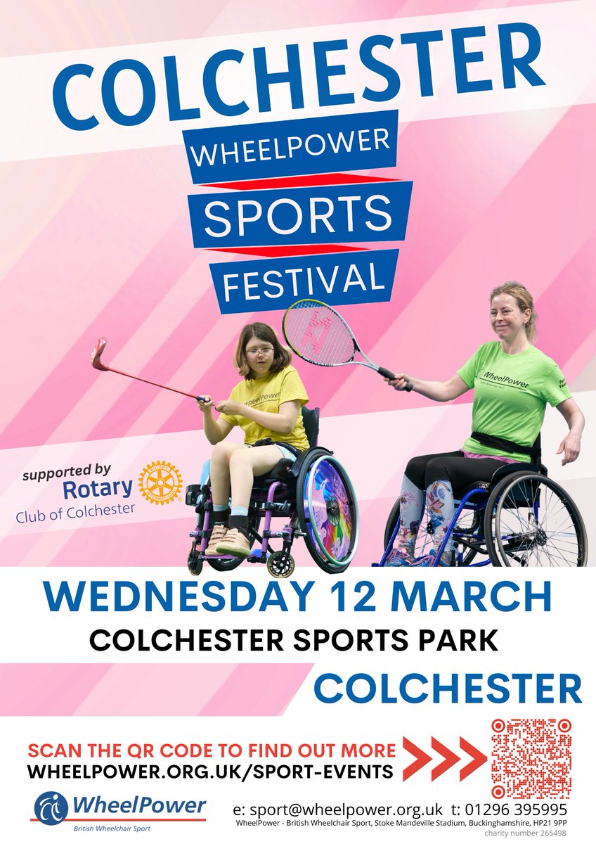 Sign up for the Colchester WheelPower Sports Festival. 
📅12 March 2025 
⏲️9:30am to 3:00pm 
📍Colchester Sports Park, CO4 5YX
