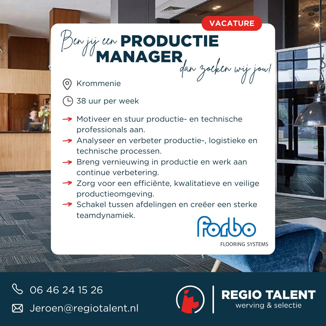 Word de drijvende kracht achter productie! Bij <a href="/forboflooring/">Forbo Flooring</a> zoeken we een Productiemanager die productie, logistiek en techniek naar een hoger niveau tilt. 

Solliciteer vandaag!
regiotalent.nl/vacatures/prod…

 #Productiemanager #ForboFlooring #Vacature #Krommenie