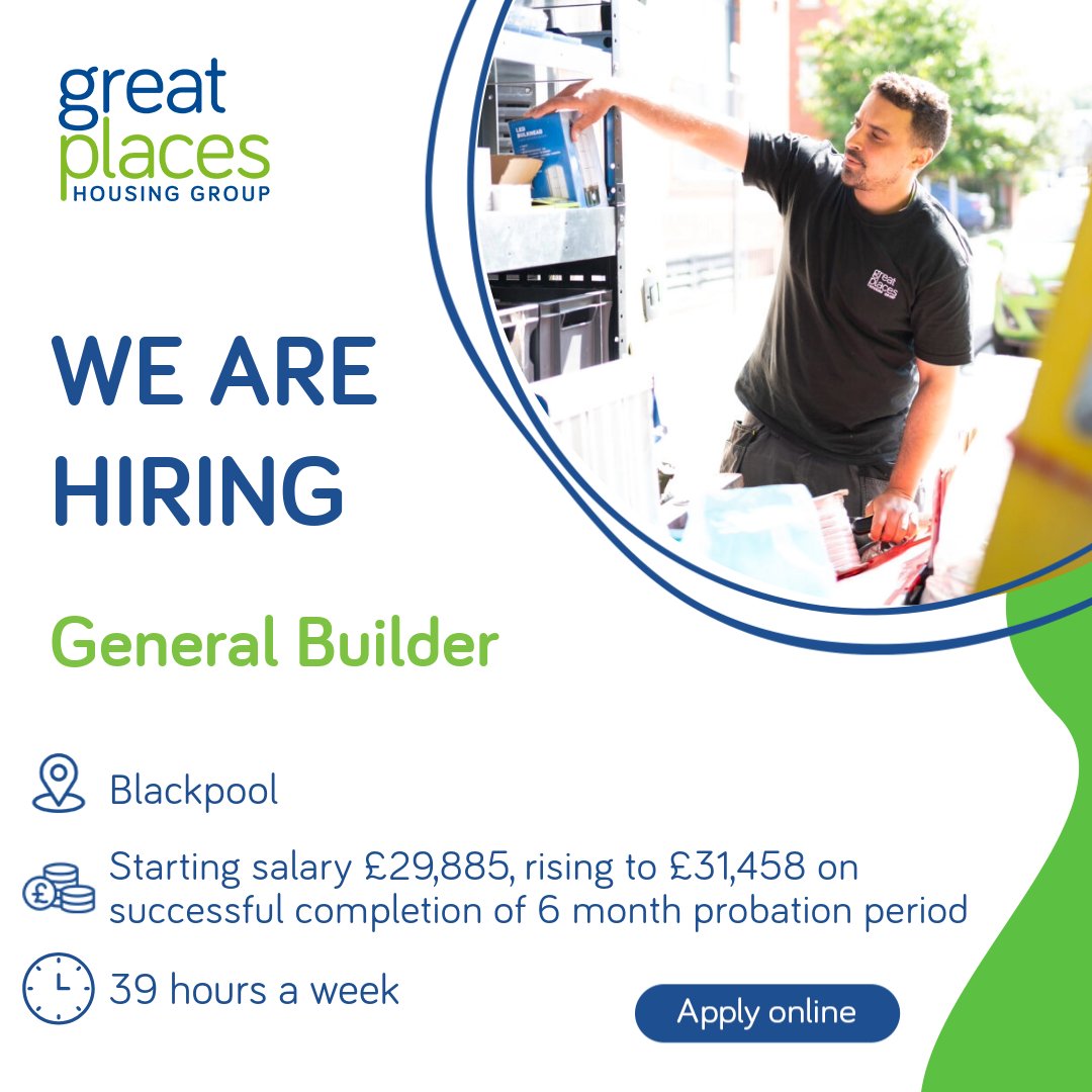 We're hiring a General Builder in Blackpool! 🛠️

💷 £29,885 rising to £31,458 after 6 months
🕓 39 hrs/week | 🚗 Van, fuel card, tools provided
🗓️ 26 days leave + bank hols
🔑 Must have: Full clean licence, roofing &amp; groundworks experience

Apply now 👉 greatplaces.current-vacancies.com/Jobs/Advert/36…
