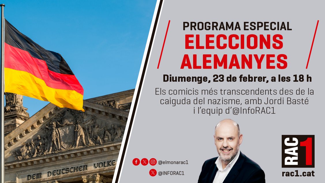 Avui estem pendents d'Alemanya. Seguiment de la jornada electoral des d'ara al <a href="/vialliure/">Via lliure RAC1</a> amb <a href="/xbundo/">Xavi Bundó</a>; al '14/15' amb <a href="/aurorarodgon/">Aurora Rodríguez</a> i <a href="/Albert_FF/">AlVert Ferran Farrés</a>; i a l'especial tan bon punt tanquin els col·legis electorals a les 18 h amb <a href="/jordibaste/">Jordi Basté</a> des de Berlín. <a href="/rac1/">RAC1</a> #inforac1