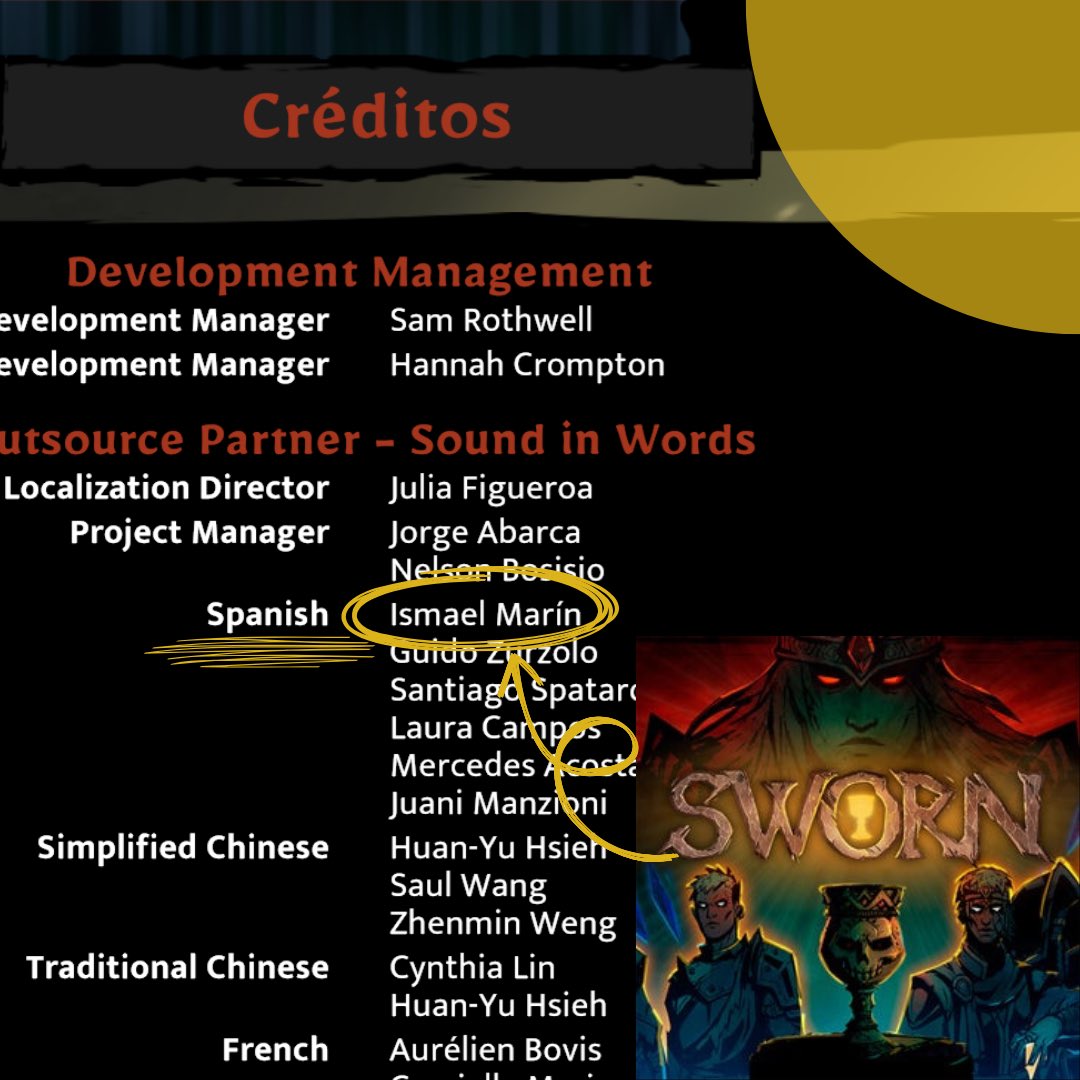 Ismaeljmc's tweet image. I am glad to share that I have been part of the Sound in Words team that has localized Sworn into Spanish!
#spanishgameloc #gameloc #gamelocalization #indiegamedev #indiegames
