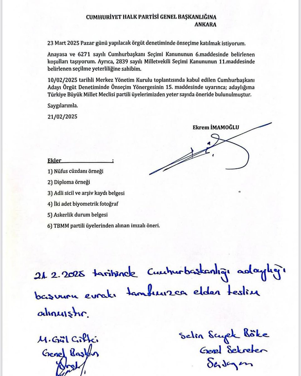 İBB Başkanımız Sayın Ekrem İmamoğlu bugün Cumhuriyet Halk Partisi’ne Cumhurbaşkanı adaylığı için dilekçesini verdi. Bu dilekçenin altında bu ülkede demokrasi, hukuk ve refah isteyen milyonların imzası var. Birlikte başaracağız. 

Yolumuz uzun, gençliğimiz var.