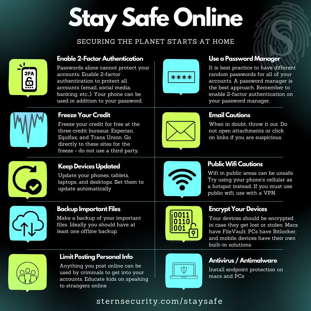 Stern_Security's tweet image. Stay safe online:
✅ Enable 2FA
✅ Use Strong Passwords
✅ Update Software
Protect yourself today! 
#SternSecurity #SecureThePlanet #CyberSecurity #OnlineSafety #StaySafe