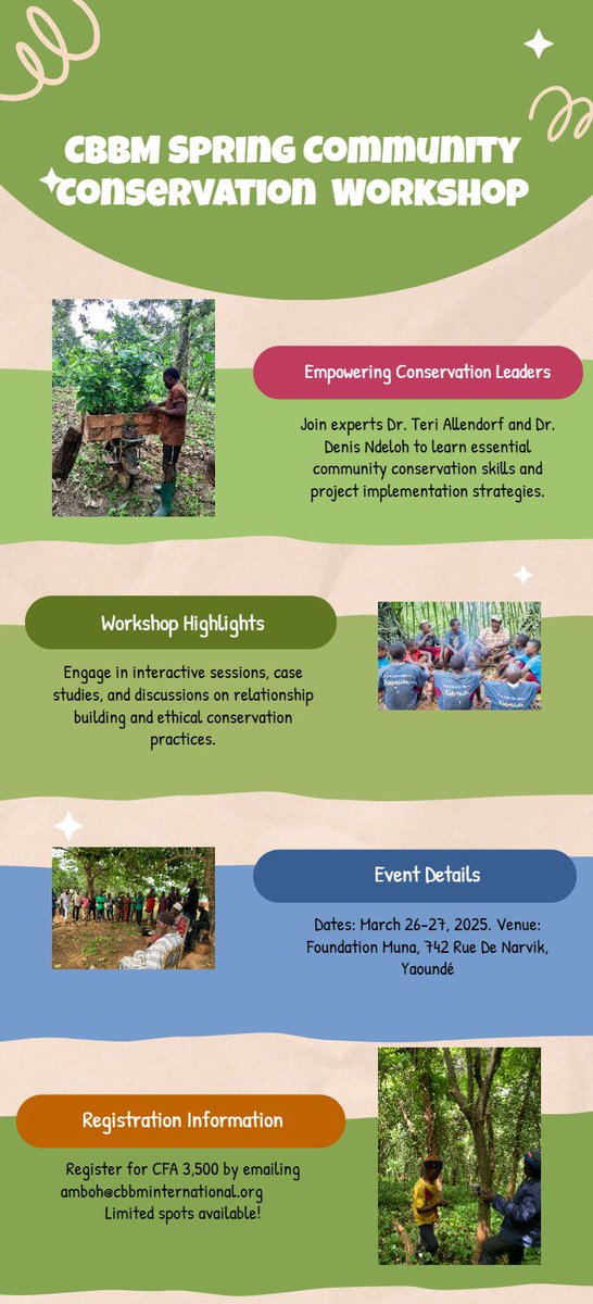 Community-Based Biosynergy Management (@cbbm_cameroon) on Twitter photo Have you registered for our workshop yet? 🌱 Join the CBBM Spring Community Conservation Workshop! 🌍
Where? The Mina Foundation Yaounde
When? 26th to the 27th of March 2025
Register now for 3500frs by emailing amboh@cbbminternational.org —limited spots available! ✨ Have you registered for our workshop yet? 🌱 Join the CBBM Spring Community Conservation Workshop! 🌍
Where? The Mina Foundation Yaounde
When? 26th to the 27th of March 2025
Register now for 3500frs by emailing amboh@cbbminternational.org —limited spots available! ✨