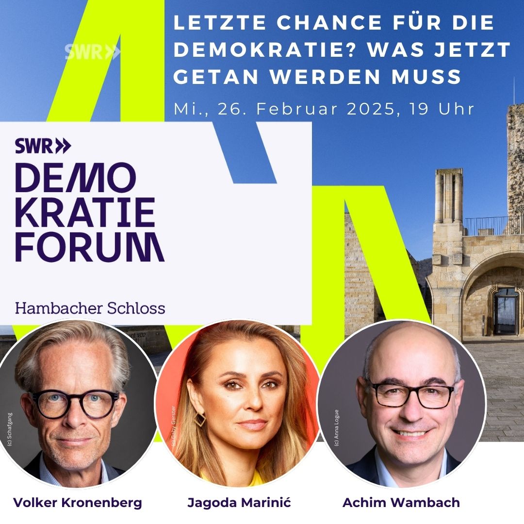 Hambacher Schloss (@schlosshambach) on Twitter photo 💬 SWR Demokratieforum Hambacher Schloss am 26.2. mit <a href="/jagodamarinic/">JAGODA MARINIĆ 🪝</a>, <a href="/AchimWambach/">Achim Wambach</a>, Volker Kronenberg und Moderator Michel Friedman. Weitere Infos: hambacher-schloss.de/events/demokra… 💬 SWR Demokratieforum Hambacher Schloss am 26.2. mit <a href="/jagodamarinic/">JAGODA MARINIĆ 🪝</a>, <a href="/AchimWambach/">Achim Wambach</a>, Volker Kronenberg und Moderator Michel Friedman. Weitere Infos: hambacher-schloss.de/events/demokra…