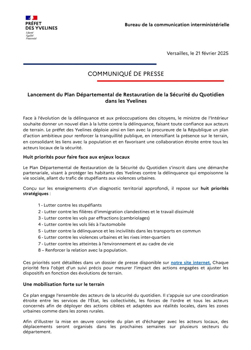 #Luttecontreladélinquance | Lancement du plan départemental de restauration de la sécurité du quotidien pour renforcer la tranquillité publique dans les #Yvelines :
🎯 8 priorités : Lutte contre les stupéfiants, violences urbaines, cambriolages, incivilités dans les transports…