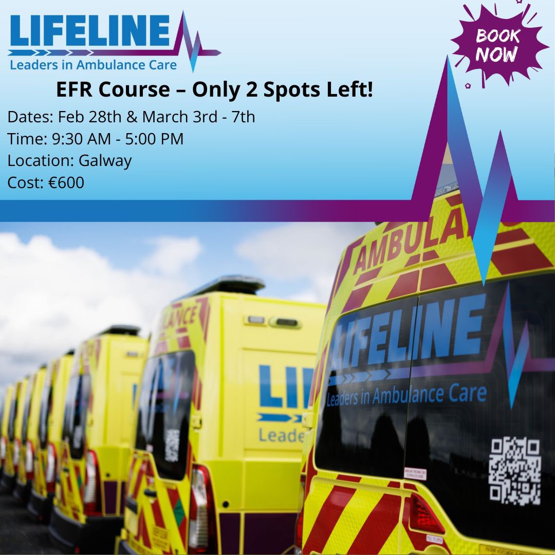 Lifeline Ambulance (@lifelineireland) on Twitter photo Our EFR course is beginning on the 28th of February and if you are interested in joining the course book now as we only have two places remaining! This can be done through our website or by emailing education@lifeline.ie #emt #leadersinambulancecare Our EFR course is beginning on the 28th of February and if you are interested in joining the course book now as we only have two places remaining! This can be done through our website or by emailing education@lifeline.ie #emt #leadersinambulancecare
