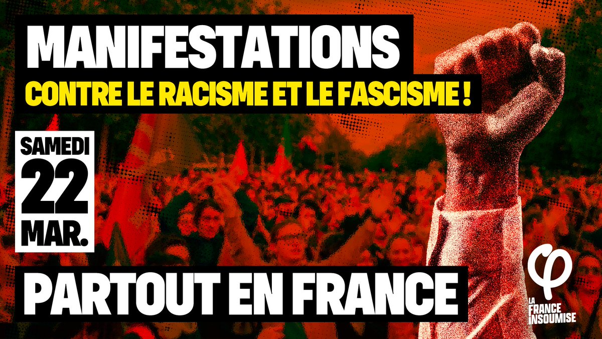 🔴 Manifestation contre le racisme et le fascisme : samedi 22 mars

La France insoumise rejoint l’appel contre le racisme et le fascisme ! 

Rendez-vous dans la rue le 22 mars, partout en France. 

👉 linsoumission.fr/2025/02/21/22-…