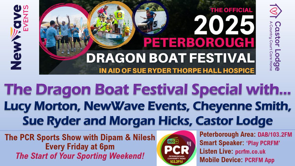 Join us this evening for the Peterborough Dragon Boat Festival Special. We'll be chatting to the organisers and how you can get involved along with the charity &amp; corporate partners.

Join us at 6pm:
📻DAB/103.2FM
🔊Smart Speaker 'Play PCRFM'
💻pcrfm.co.uk
📱PCRFM App