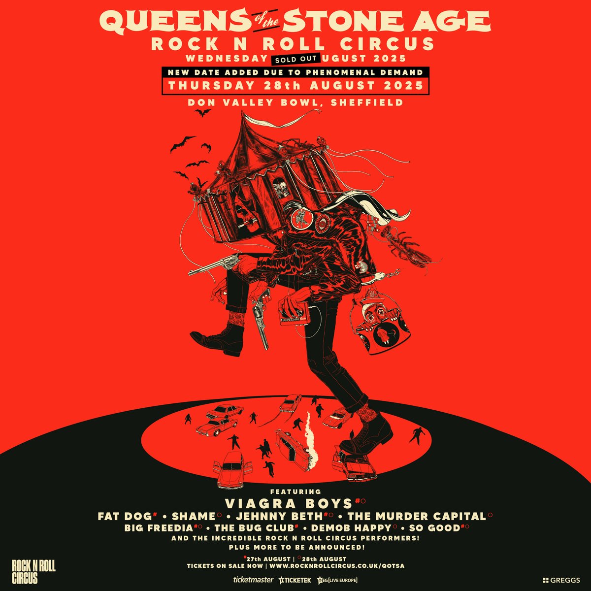 Due to demand, a second night of the Rock N Roll Circus has been added! Plus new acts announced for night one! 🐍🎪 Tickets are on sale now: queensofthestoneage.lnk.to/x2RNRCircus

Wednesday, 27 August 
Sheffield, UK
Don Valley Bowl
with Viagra Boys, Fat Dog, Jehnny Beth, Big Freedia, The Bug