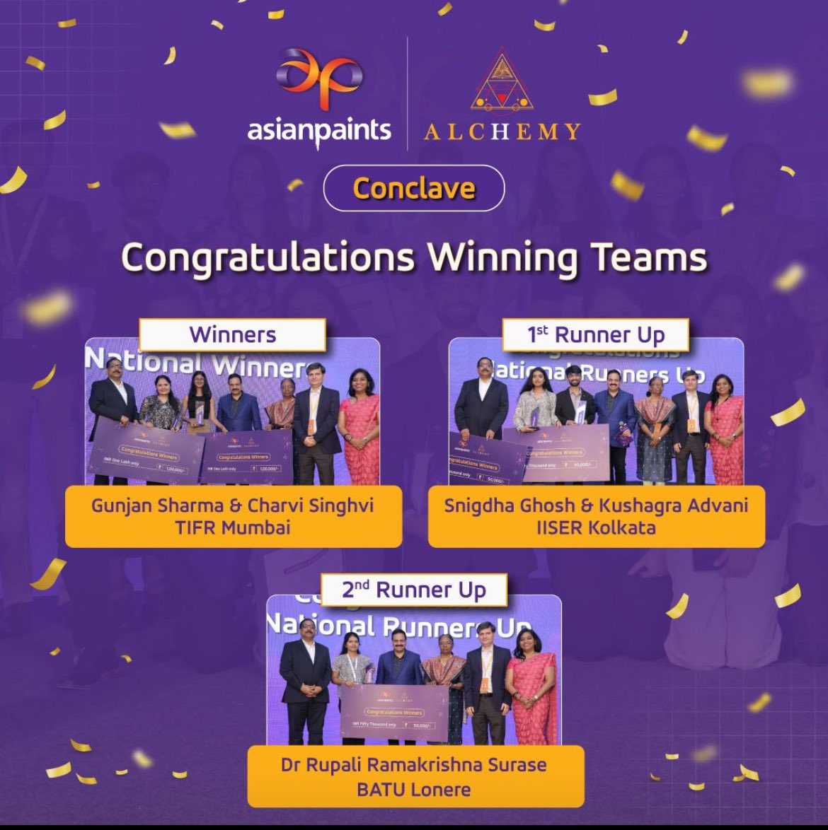 Bio-Inspired Catalysis & Materials Lab (@bicamlab) on Twitter photo Thrilled to see our team's groundbreaking research not just advancing science, but making waves beyond the lab! Our MS thesis student <a href="/advani_kushagra/">Kushagra Advani</a> and <a href="/ghosh_snig88328/">Snigdha Ghosh</a> awarded 1st runner up in Asian Paints Alchemy.
<a href="/asianpaints/">Asian Paints</a> <a href="/dcsiiserkol/">Department of Chemical Sciences IISER Kolkata</a> <a href="/iiserkol/">IISER Kolkata</a> Thrilled to see our team's groundbreaking research not just advancing science, but making waves beyond the lab! Our MS thesis student <a href="/advani_kushagra/">Kushagra Advani</a> and <a href="/ghosh_snig88328/">Snigdha Ghosh</a> awarded 1st runner up in Asian Paints Alchemy.
<a href="/asianpaints/">Asian Paints</a> <a href="/dcsiiserkol/">Department of Chemical Sciences IISER Kolkata</a> <a href="/iiserkol/">IISER Kolkata</a>