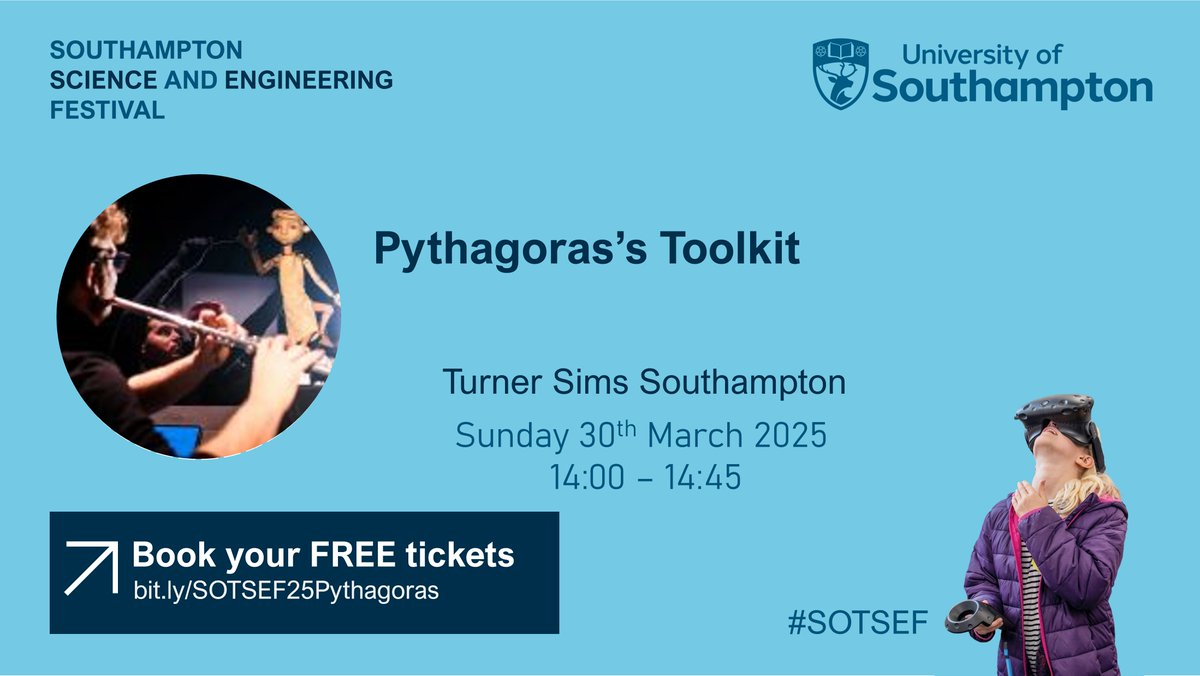 UoS Public Engagement (@uos_engagement) on Twitter photo 🎼 This March, join a magical, wordless show of puppetry & contemporary classical music with <a href="/UoSMusic/">Music at Southampton</a> and <a href="/_dottedline/">dotted line theatre</a> at <a href="/TurnerSims/">Turner Sims</a> - perfect for families! 🎭🎶
📅 30 Mar 2025
⏰ 14:00 - 14:45
📍 Turner Sims
🎟️ £5
🔗 Book now: bit.ly/SOTSEF25Pythag…
#SOTSEF #WeAreUoS 🎼 This March, join a magical, wordless show of puppetry & contemporary classical music with <a href="/UoSMusic/">Music at Southampton</a> and <a href="/_dottedline/">dotted line theatre</a> at <a href="/TurnerSims/">Turner Sims</a> - perfect for families! 🎭🎶
📅 30 Mar 2025
⏰ 14:00 - 14:45
📍 Turner Sims
🎟️ £5
🔗 Book now: bit.ly/SOTSEF25Pythag…
#SOTSEF #WeAreUoS