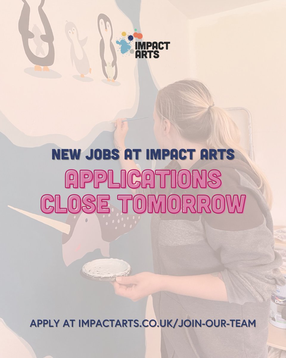 There's still time to finish your application to one of our three new vacancies.

Applications close tomorrow at 9am 📣🎨

We're hiring:
🖌️ Creative Lead
📝 Wellbeing &amp; Opportunities Worker
🌠 Wellbeing &amp; Opportunities Worker (CashBack to the Future)

👉 impactarts.co.uk/join-our-team/