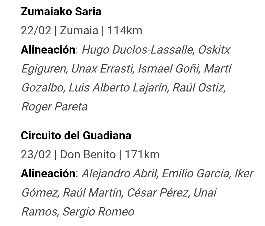 El aguileño Luís Alberto Lajarín es convocado por el <a href="/EqFinisher/">Equipo Finisher</a> para la Zumaiako Saria; un día antes del <a href="/circuitoguadia/">Circuito Guadiana</a> <a href="/RFECiclismo/">Real Federación Española de Ciclismo</a> para donde el equipo navarro presenta al murciano César Pérez como candidato a la Copa de España sub23 <a href="/RFECiclismo/">Real Federación Española de Ciclismo</a> con el molinense <a href="/alexabmi/">alexabmi</a>