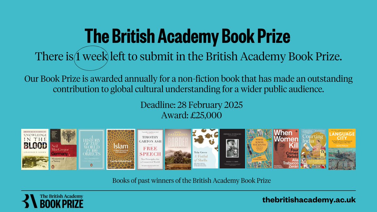 Only one week away to nominate for the British Academy Book Prize! This £25,000 award honours outstanding non-fiction books in the humanities and social sciences to deepen and shape global cultural understanding. Submit your nomination by 28 February. bit.ly/4jUFmyu