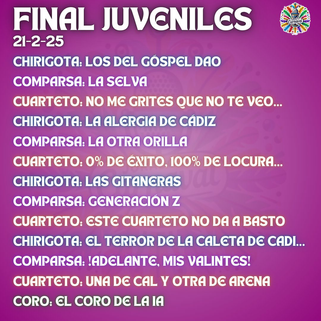 📋Orden de actuación de la 𝐅𝐢𝐧𝐚𝐥 𝐝𝐞 𝐉𝐮𝐯𝐞𝐧𝐢𝐥𝐞𝐬 del #COAC2025

⏰ Arrancará a partir de las 17:00h de la tarde

¡Mucha suerte a todos/as y a disfrutar de la cantera!