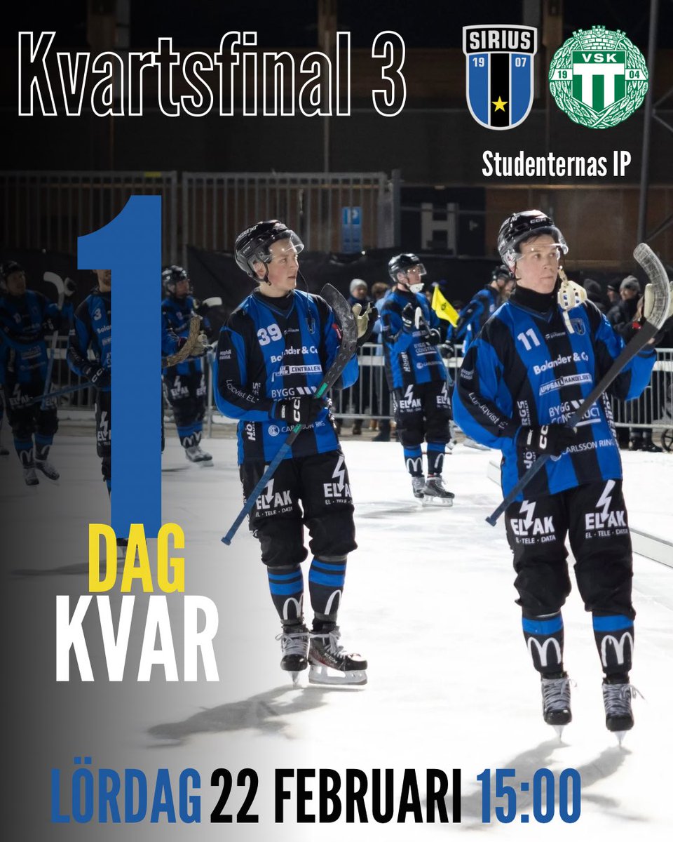 IMORGON SES VI PÅ STUDAN FÖR KVARTSFINAL 3!

Heja fram oss till en seger imorgon!💥

Säkra din biljett redan nu på siriusbandy.se

Även 50/50-lott kan du fixa nu. Senaste vinsten var på drygt 11 000kr!

🔵⚫️

PEBO-Foto