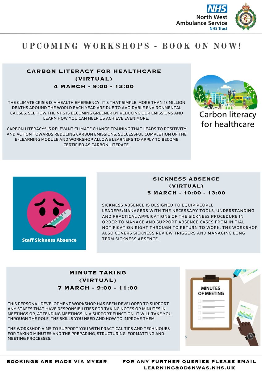NWAS Learning & Organisational Development (@nwamb_learning) on Twitter photo NWAS staff please see below our upcoming workshops. Bookings are made via MyESR.
Go into your ESR homepage and under my learning section in your course catalogue search for the workshop title to enrol onto it.
If you face any issues please email Learning&OD@nwas.nhs.uk NWAS staff please see below our upcoming workshops. Bookings are made via MyESR.
Go into your ESR homepage and under my learning section in your course catalogue search for the workshop title to enrol onto it.
If you face any issues please email Learning&OD@nwas.nhs.uk