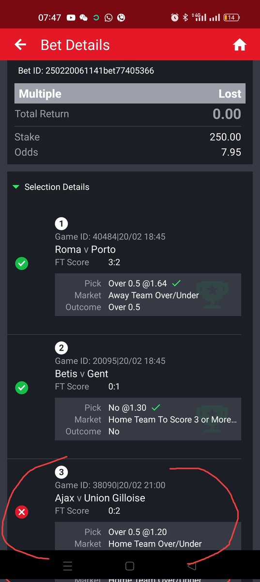 efficiency4real's tweet photo. @SportyBetNG @Davidbanksz @Ekitipikin @opeoluwa @general_mayor11 I replied and you kept repeating the same English of regular time. You can use goals scored at extra time to cut people's ticket but you are claiming otherwise now. If not guilty conscience, why then did you alter the result in your app after my complaint. 2 results, same app https://t.co/rrMawQFxr8