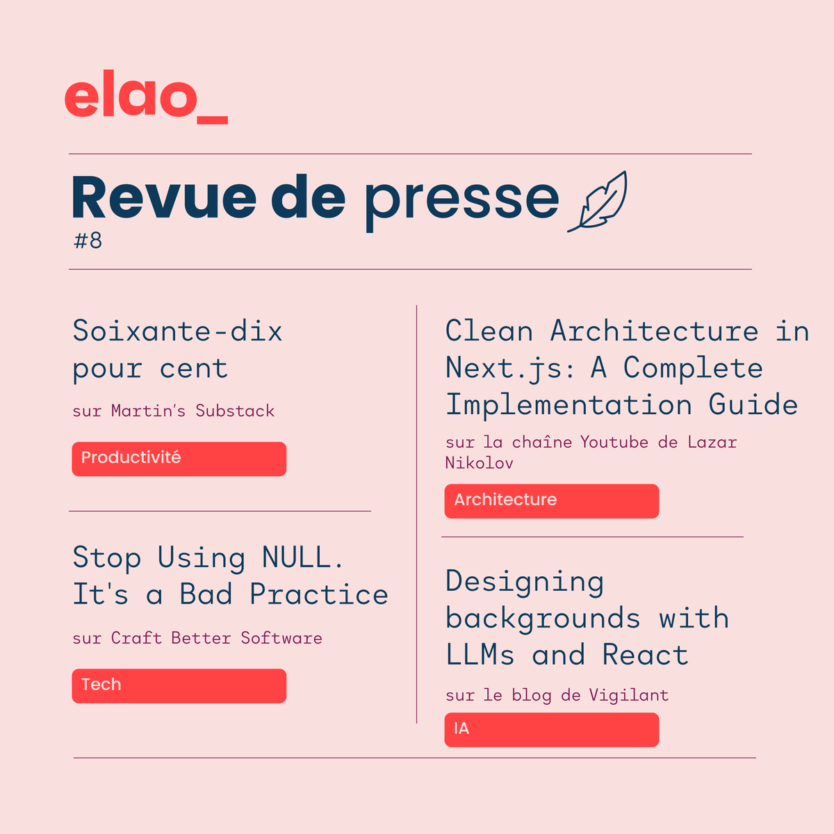 📃 Vendredi revue de presse — voici les articles qui ont retenu notre attention cette semaine 👀

Des méthodes pour surmonter le perfectionnisme, des réflexions pour un code plus sûr, et l'utilisation de LLMs pour apporter une touche plus vivante à votre site. 

Bonne lecture ⬇️