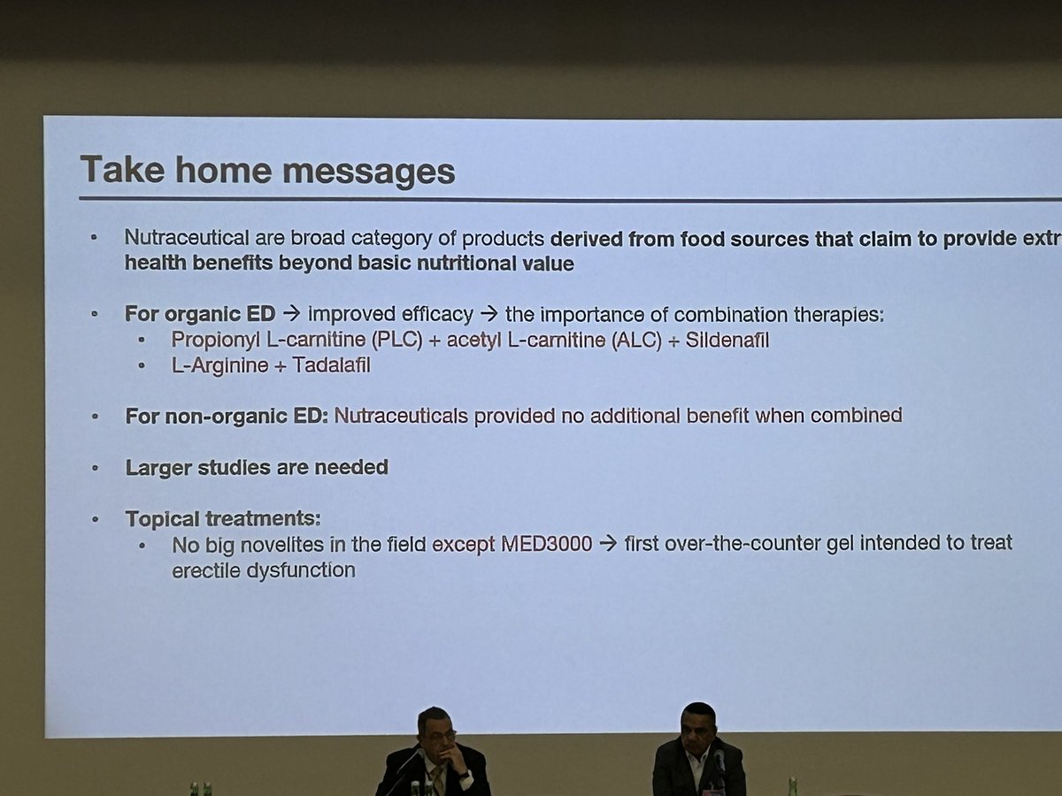 Another great talk - <a href="/edoardopozziMD/">Edoardo Pozzi</a> 
Nutraceuticals seem effective in combination with PDE5Is e.g. L-arginine for ED. 

Sounds like the Wild West though, issues with regulation #ESSM2025
