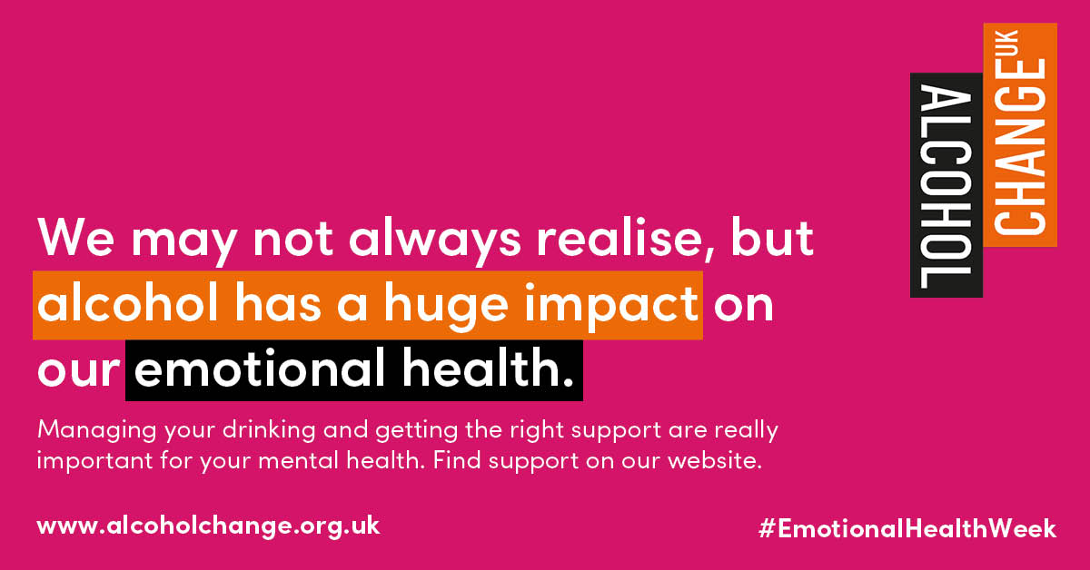 AlcoholChangeUK's tweet photo. It's #EmotionalHealthWeek this week! We may not always realise, but alcohol has a huge impact on our emotional health.

Alcohol is sometimes used by people to try and help manage symptoms of anxiety and depression, but excessive drinking is likely to make those symptoms worse.

If you come to rely on alcohol to manage your mental health, that reliance can itself become a problem. You may well find that your drinking starts to get in the way of other activities and puts a strain on your relationships – both things that can undermine your emotional wellbeing.

Managing your drinking and getting the right support are really important for your mental health. If you're looking for support you can find out more here⬇️

https://t.co/DadmETVJ6F