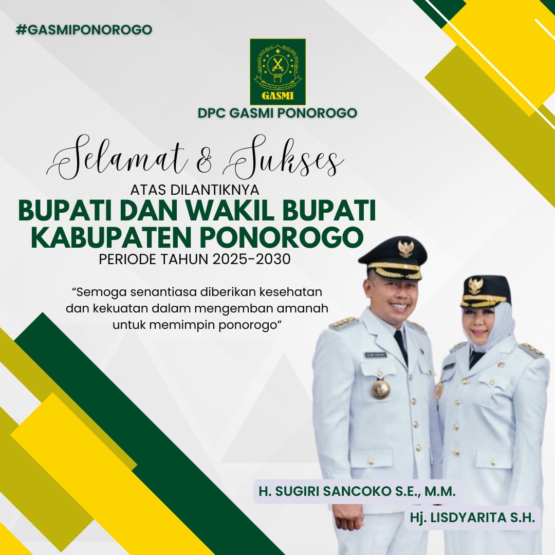 gasmiponorogo66's tweet photo. Dewan Pimpinan Cabang (DPC) GASMI Ponorogo mengucapkan selamat &amp; sukses atas dilantiknya Bupati &amp; Wakil Bupati Ponorogo periode 2025-2030 @sugirisancoko26 @BundaLisdyarita @PonorogoKab @SerambiMangunan 
#gasmi #dpcgasmiponorogo #gasmicabangponorogo #ponorogo  #ponorogohebat https://t.co/5OIa7wzsUQ