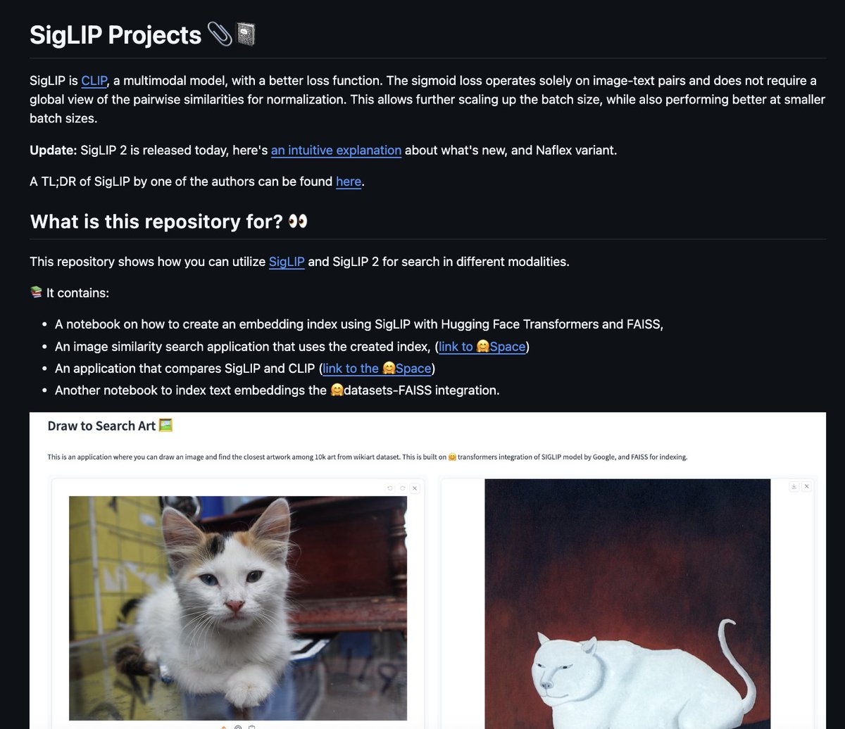SigLIP 2 is the most powerful image-text encoder

you can use it to do
&gt; image-to-image search
&gt; text-to-image-search
&gt; image-to-text search
&gt; image classification with open-ended classes
&gt; train vision language models

we will show you how to do all this week 🤝