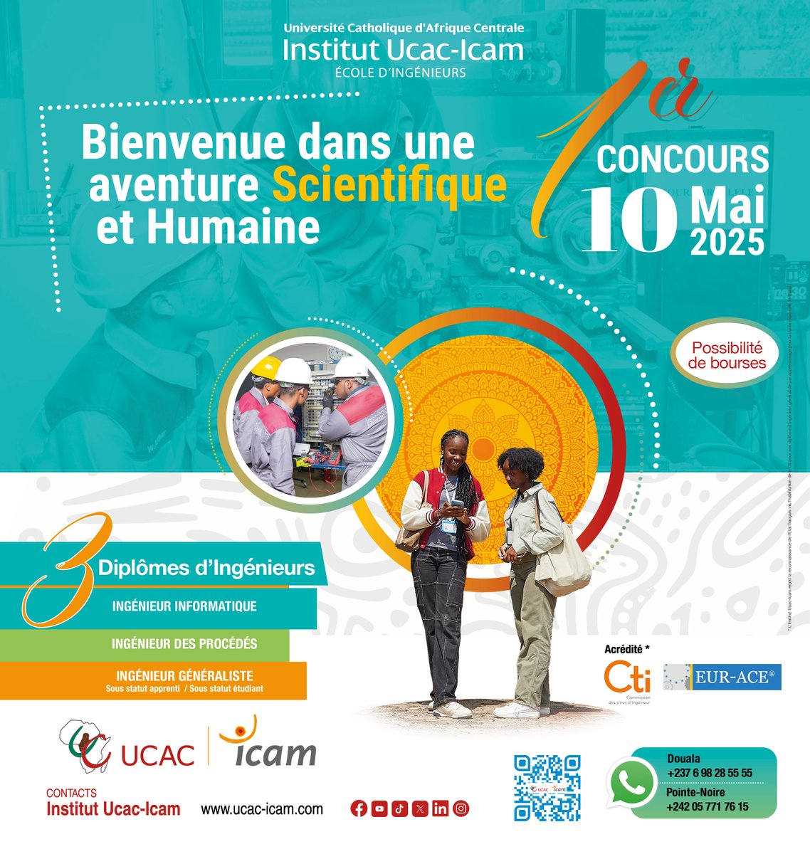 📢 #ConcoursUcacIcam : Dates Clés!
🔑 Inscriptions : Du 6 janvier au 5 mai 2025
📅Épreuves 1er concours : 10 mai 2025
NB : aucun dossier à constituer, RDV en ligne pour plus d'infos :  ucac-icam.com 
 #deveniringenieur #ingenieuricam #ecoledingenieur