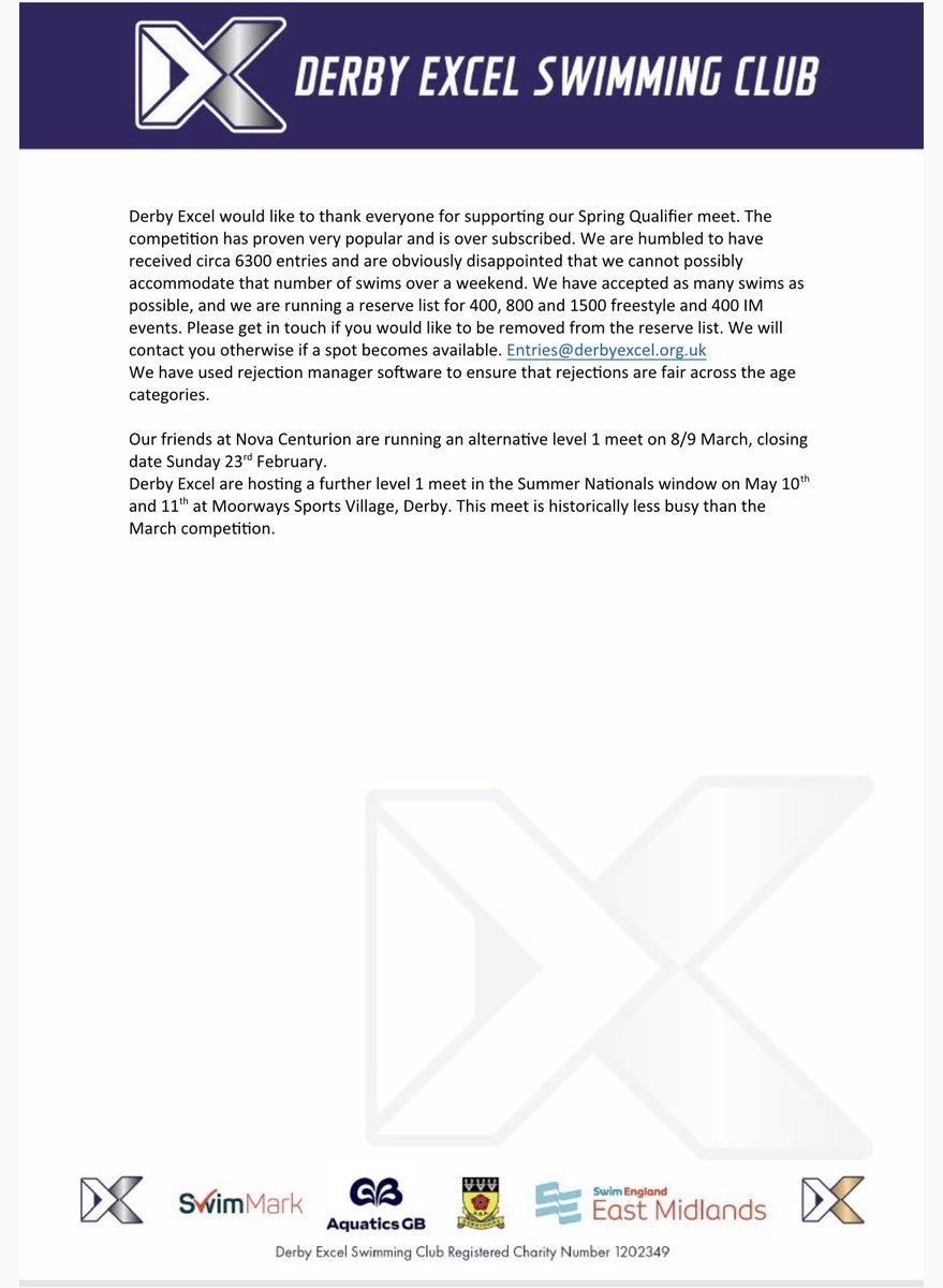 Derby Excel Swimming Club💙 (@derbyexcelclub) on Twitter photo Please see our statement below regarding our Spring Qualifier meet
Accepted Entries,Rejected Entries and Reserve list details can be found: uk.gomotionapp.com/team/derbyexce…
<a href="/DerbyExcelPerf/">Derby Excel SC - Performance</a> Please see our statement below regarding our Spring Qualifier meet
Accepted Entries,Rejected Entries and Reserve list details can be found: uk.gomotionapp.com/team/derbyexce…
<a href="/DerbyExcelPerf/">Derby Excel SC - Performance</a>