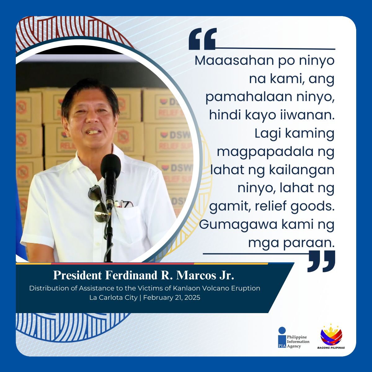PIADesk's tweet image. Personal na nag-abot ng tulong si Pangulong Marcos Jr. sa mga evacuees sa La Carlota City na apektado ng pag-alboroto ng Bulkang #Kanlaon. Inatasan din niya ang @dswdserves na pagandahin ang evacuation centers para sa mas maayos na pananatili ng mga lumikas.

#BagongPilipinas