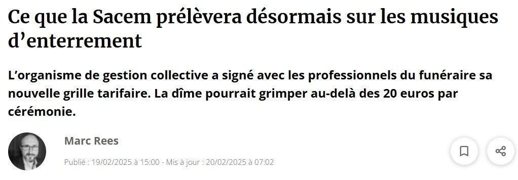 La SACEM fera payer la musique diffusée lors des enterrements. La France taxe déjà la mort elle taxe désormais la musique après la mort ! 

J’appelle la <a href="/sacem/">Sacem</a> à revenir sur cette mesure ignoble ! 

Le combat du <a href="/partiudr/">UDR</a> pour réduire massivement les taxes et le périmètre de