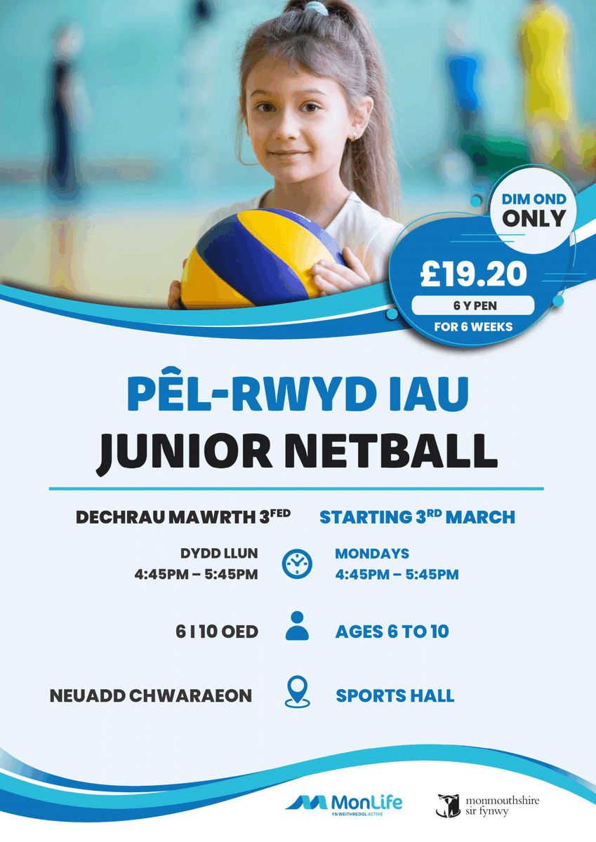 Ymunwch â ni ar gyfer Pêl-Rwyd Iau yng Nghanolfan Hamdden Cas-gwent! 🏀
Join us for Junior Netball at Chepstow Leisure Centre!🏀

⏰Dydd Llun/Monday :4:45-5:45pm
 📅 Dechrau Mawrth 3fed/ Starting 3rd March