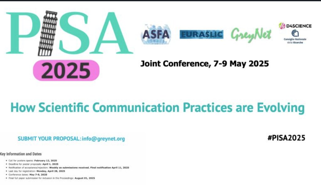 We will host the ASFA-FAO, EURASLIC, and GreyNet International Joint Conference in Pisa! 📢

The way we share, validate, and build scientific knowledge is evolving. Leading experts will discuss the transformation of scientific communication.

Learn more: cnr.it/it/evento/19696