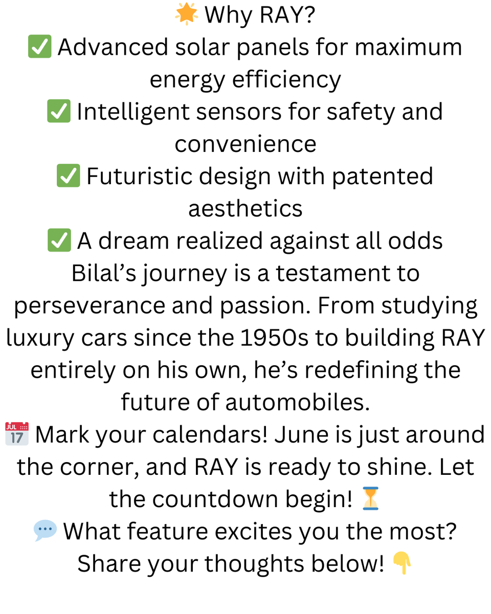 ray_bisa's tweet photo. 🚀✨ The Countdown Begins! ✨🚀
#SolarCar #Innovation #Sustainability #RAY #startupindia #Kashmir #FutureOfMobility #CountdownToLaunch #CleanEnergy #ElonMuskOfIndia @anandmahindra  #TataMotors #SolarEnergy @mnreindia @TataCompanies https://t.co/F36OBoNkkB