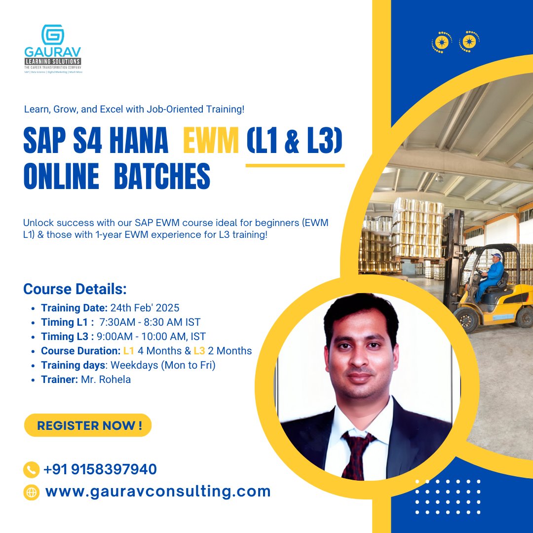 saphanacourses's tweet image. 🚀 Master SAP EWM with Our New Live Batches – Starting 24th Feb 2025! 📦

Register For L1 : gauravconsulting.com/product-page/s…

🔹 Eligibility: Must have completed EWM L1 or have 1 year of EWM experience

Register For L3 : gauravconsulting.com/product-page/s…

#SAPTraining #SAP #SAPewm #Warehouse