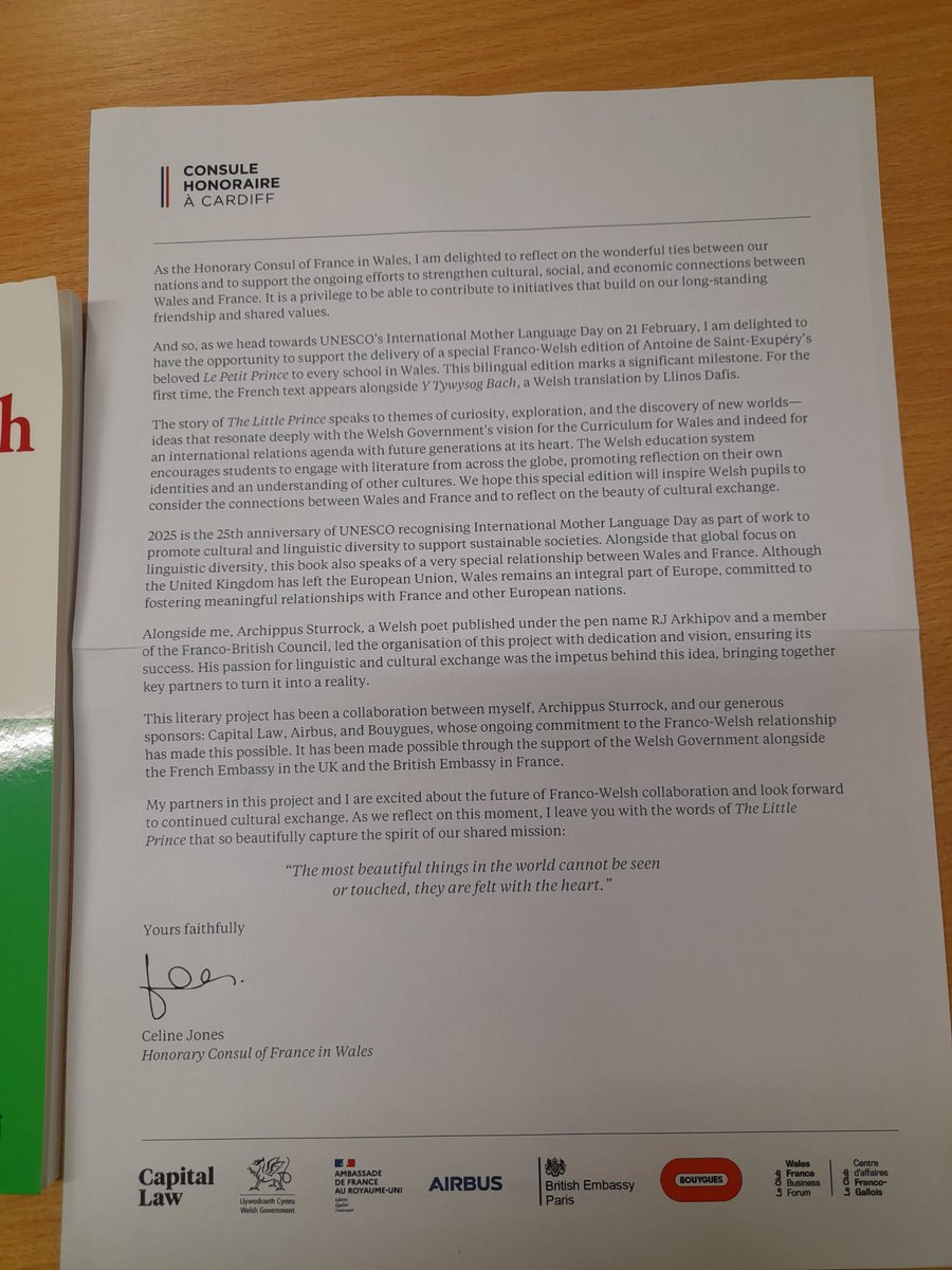 The Honorary Consul of France in Wales has sent a bilingual Welsh-French edition of Le Petit Prince to every school in Wales.

"Although the United Kingdom has left the European Union, Wales remains an integral part of Europe" - we've still got friends, thank the lord.
