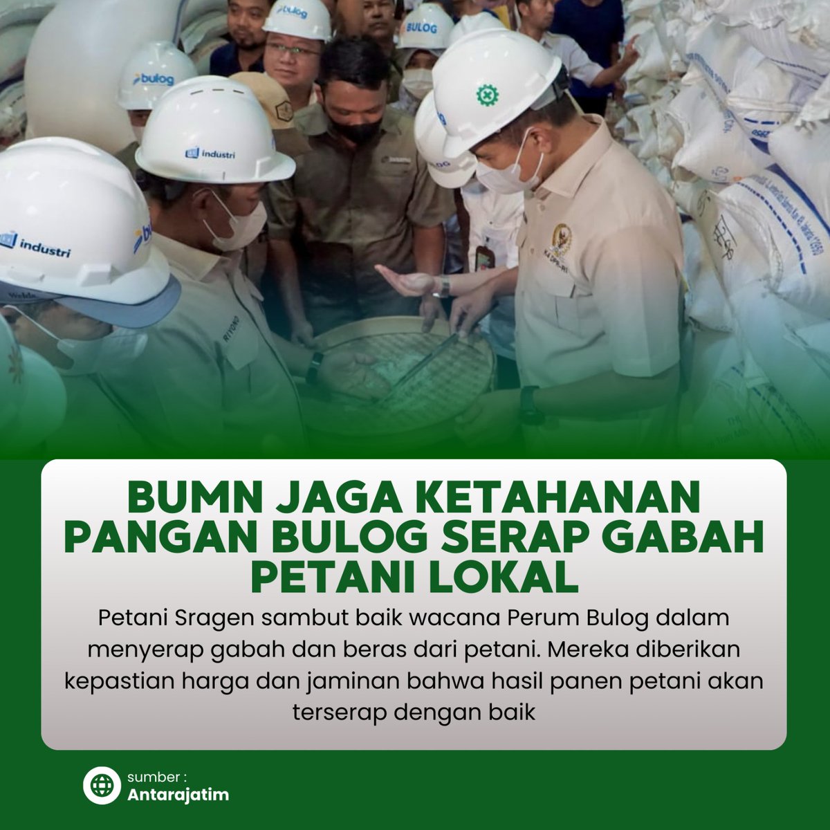 palingviral627's tweet photo. Bulog bergerak cepat! Penyerapan gabah petani dengan harga layak terus dilakukan agar ketahanan pangan nasional tetap terjaga! @erickthohir @KemenBUMN #berita #bulog #ketahananpangan #swasembadapangan #petani #gabah #bumn #tepatsolutifindonesia https://t.co/wfYci3bwuq