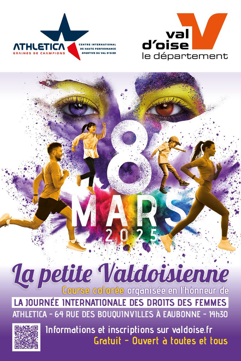 🔥 Journée des Droits des Femmes 
Le samedi 8 mars à 14h30, le Département du Val d’Oise vous invite à une course colorée à ATHLETICA ! 🎨🏃‍♀️
➡️ 2 km accessibles à tous (femmes, hommes, jeunes et moins jeunes) ➡️ Gratuit &amp; sur inscription