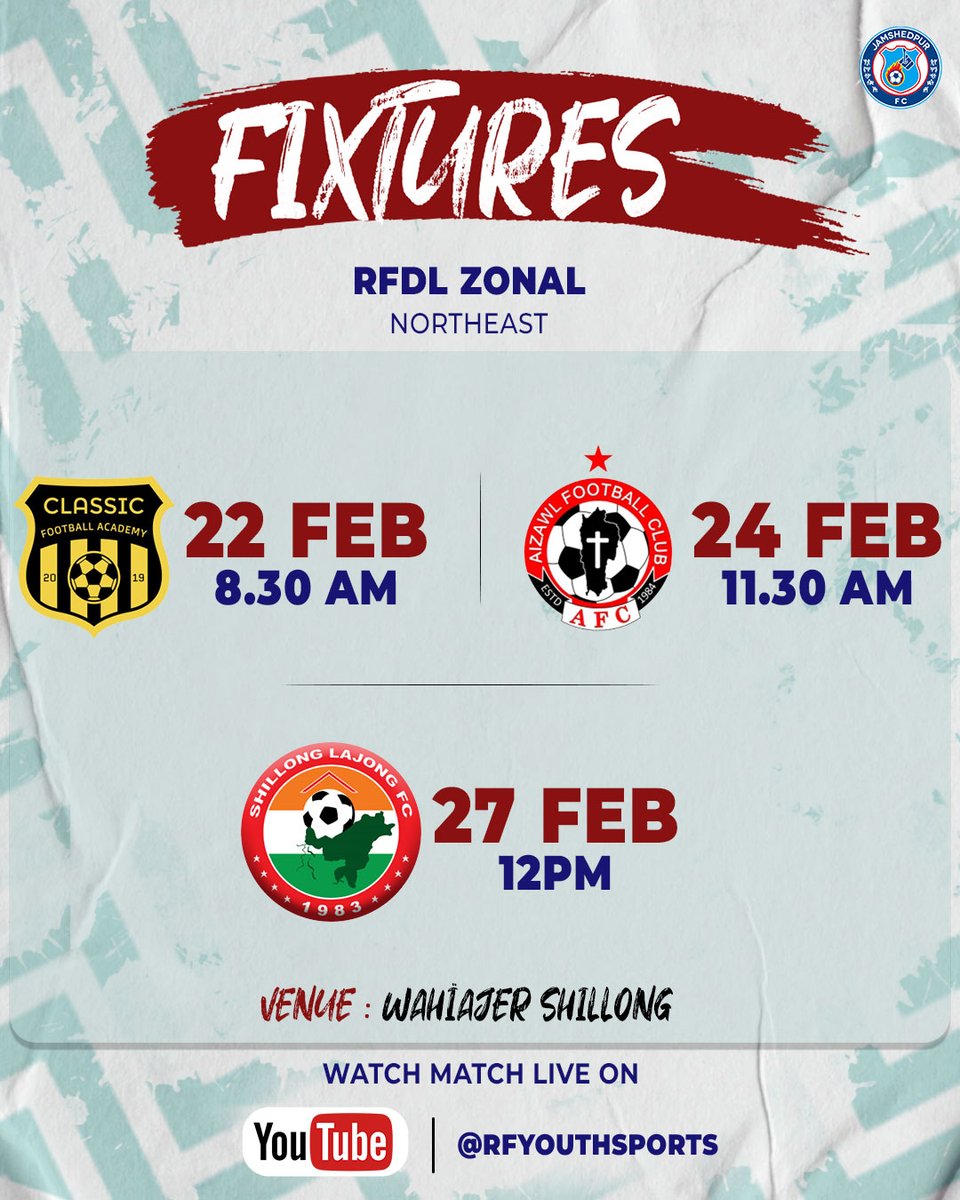 JamshedpurFC's tweet photo. Watch Jamshedpur FC Reserves battle it out LIVE on RF Youth Sports' YouTube channel! Let's show them our support! 🙌👊
#JamKeKhelo #IndianFootball #RelianceFoundationDevelopmentLeague https://t.co/KCcTqfDjIH
