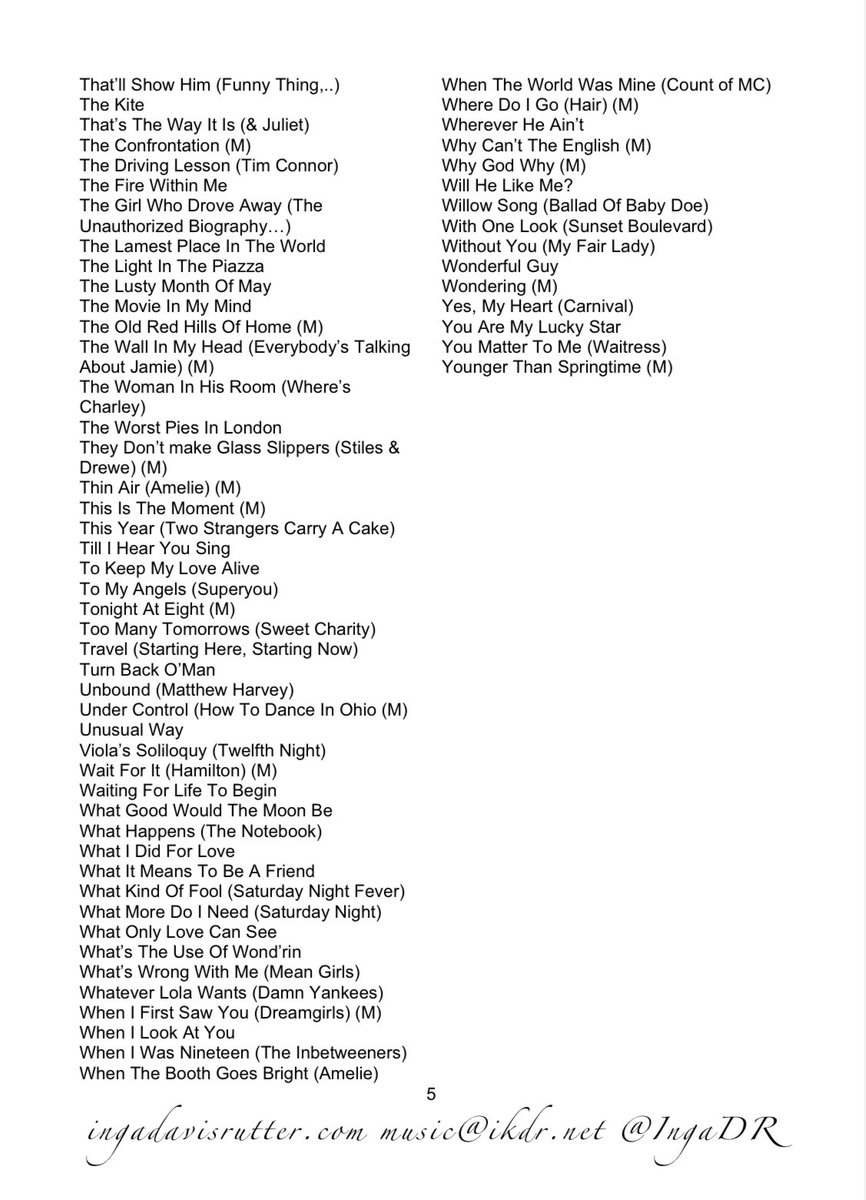 It's THAT time of year! Here's my annual 2025 #AuditionList of first choice songs presented by auditionees for entry onto a BA or MA Musical Theatre degree at a London conservatoire this year.
PDF is available on my website for free download. ingadavisrutter.com
