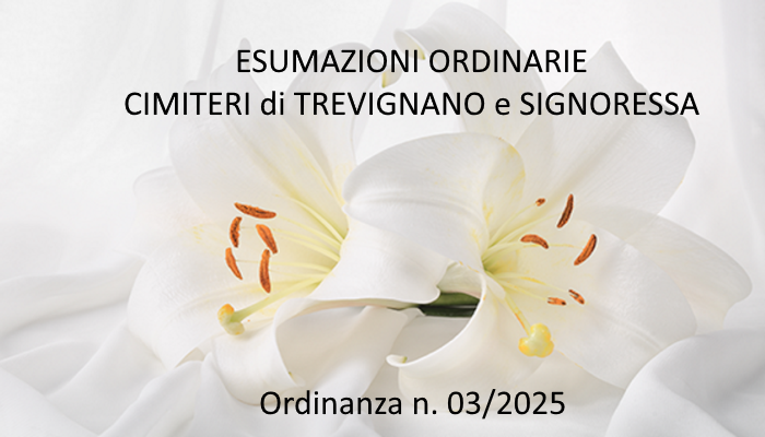 TrevignanoTV's tweet photo. Con ordinanza n. 03/2025, è stata disposta l’esumazione ordinaria per decorso decennio dei defunti , sepolti nei cimiteri di TREVIGNANO e SIGNORESSA nei campi di inumazione: CAMPO COMUNE e CAMPO INDECOMPOSTI;
Termine presentazione istanza  28/02/2025
https://t.co/hQ3qtkd2GE https://t.co/MoEQrsKtrD