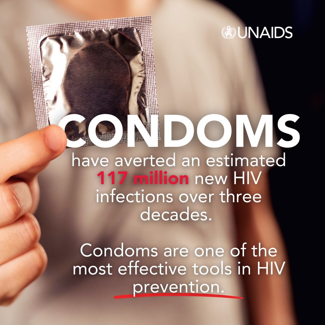 UNAIDS's tweet image. Condoms have prevented an estimated 117 million new HIV infections over the past three decades!

A simple, accessible, and lifesaving tool in #HIVPrevention.

#EndAIDS
