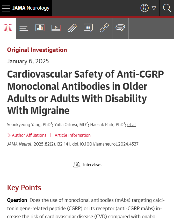 JAMANeuro's tweet photo. Anti-CGRP monoclonal antibodies were not associated with higher CVD risks compared to onabotulinumtoxinA in #Medicare beneficiaries with migraine, a group who were predominantly older adults or disabled. https://t.co/9RO2B6ikIg https://t.co/wwR4cBVwRE