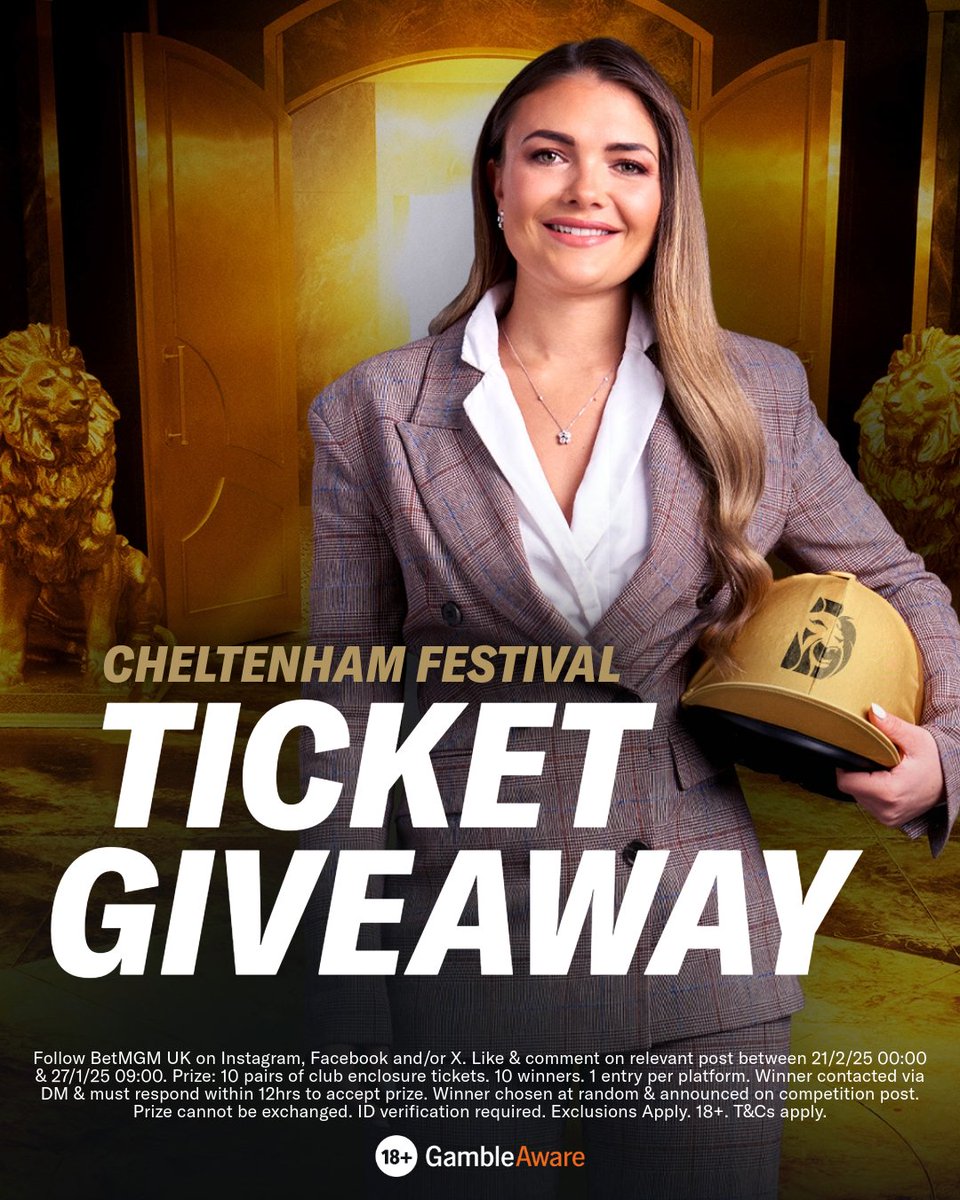 BetMGMUK's tweet image. We&apos;re giving away 𝗧𝗘𝗡 pairs of tickets for the BetMGM Queen Mother Champion Chase Day at Cheltenham Festival 🏇 

How to enter:
🤝 𝗙𝗢𝗟𝗟𝗢𝗪 @BetMGMUK
🖤 𝗟𝗜𝗞𝗘 this post
💬 𝗖𝗢𝗠𝗠𝗘𝗡𝗧 #CheltenhamFestival

18+. Winners notified 27th Feb.

T&amp;amp;Cs: betmgm.uk/4gOOx0H