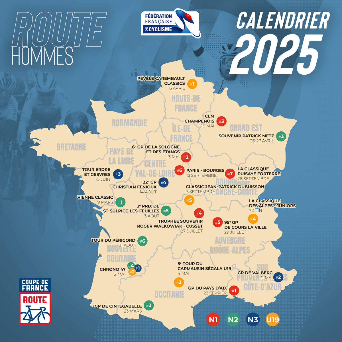 🚴‍♀️ Découvrez le calendrier 2025 de la Coupe de France des clubs N de cyclisme sur route féminine et masculine ! 📅

Ne manquez pas la première manche N1- Grand Prix Du Pays Aix – Puyricard qui débute demain à suivre sur les réseaux de France Peloton 🔥

#CoupeDeFrance #Route