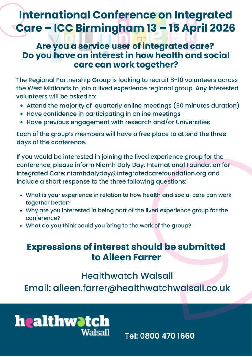 Healthwatch Walsall (@hwwalsall) on Twitter photo Are you a service user of integrated care?
Do you have an interest in how health and social care can work together? Expressions of interest should be submitted
to Aileen Farrer, Healthwatch Walsall,
Email: aileen.farrer@healthwatchwalsall.co.uk
#walsall #socialcare Are you a service user of integrated care?
Do you have an interest in how health and social care can work together? Expressions of interest should be submitted
to Aileen Farrer, Healthwatch Walsall,
Email: aileen.farrer@healthwatchwalsall.co.uk
#walsall #socialcare