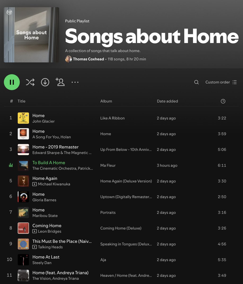 The other day, I had the idea to start a playlist featuring songs that only talk about 'home' - it turned out to be quite a special collection of songs, so thought I'd share it here.

open.spotify.com/playlist/2hMKH…