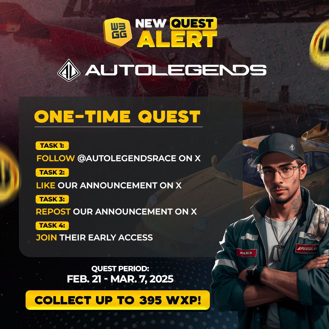 W3GG 💛 (@w3ggofficial) on Twitter photo New Time-Limited Quest featuring Auto Legends! 🚗
Rev up your engines! @AutoLegendsrace is rolling out a new quest from Feb 21 - Mar 7. Complete simple tasks and earn up to 395 WXP for Quest Leaderboard Challenge Season 1! 🏁
🎯 One-Time Challenges:
• Follow <a href="/autolegendsrace/">Auto Legends</a> New Time-Limited Quest featuring Auto Legends! 🚗
Rev up your engines! @AutoLegendsrace is rolling out a new quest from Feb 21 - Mar 7. Complete simple tasks and earn up to 395 WXP for Quest Leaderboard Challenge Season 1! 🏁
🎯 One-Time Challenges:
• Follow <a href="/autolegendsrace/">Auto Legends</a>