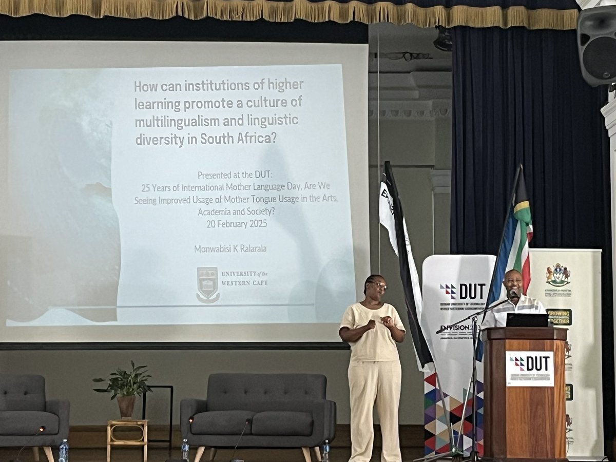 Prof. Monwabisi K. Ralarala of the DVC Academic, UWC steps on stage to talk about how institutions of higher learning can promote a culture of multilingualism and Linguistic diversity in South Africa 

#DutLanguageDay